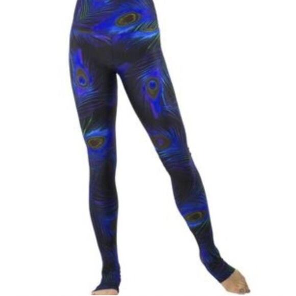 Emily Hsu Pants - EMILY HSU Black Blue Leggings Peacock Feather High Waisted Pull-On Size Small S
